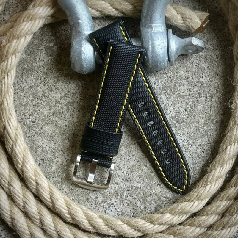 SUPER DEAL - Sail Strap -  Sailcloth Watch Strap - Black / Yellow sold by Royal Straps