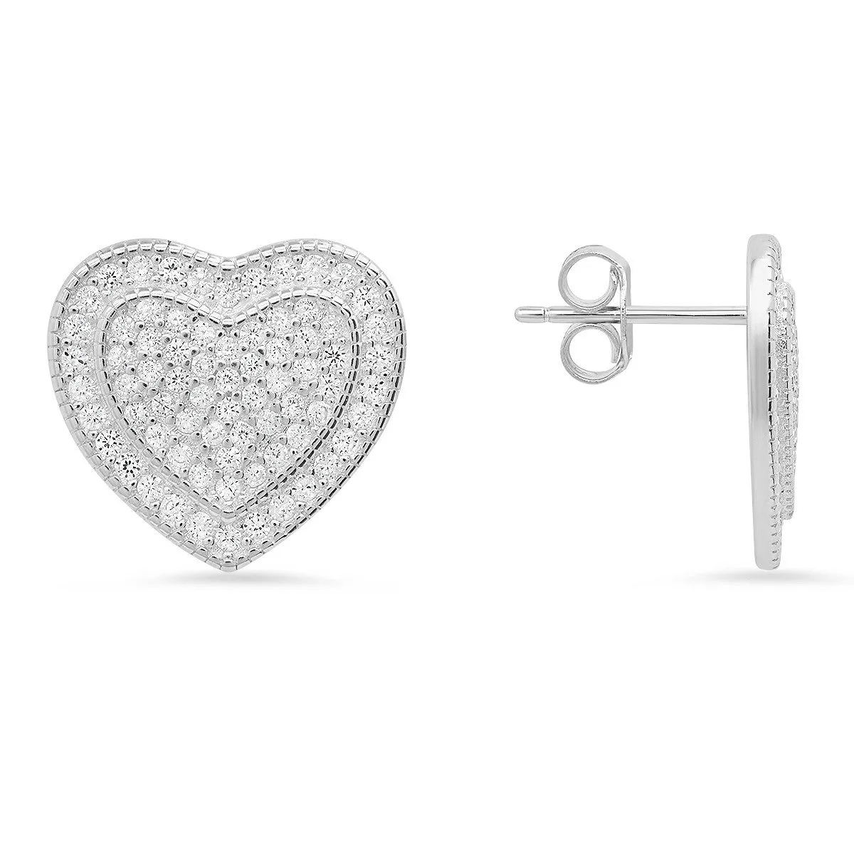 Sterling Silver Pave CZ Heart Stud Earrings sold by Ruumur