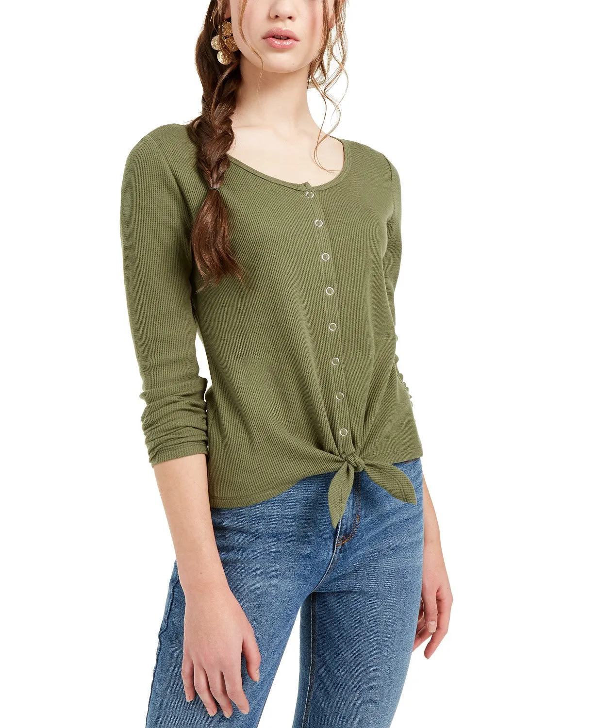 Ultra Flirt Women's Juniors' Tie-Hem Thermal Top Green Size Small sold by Ruumur