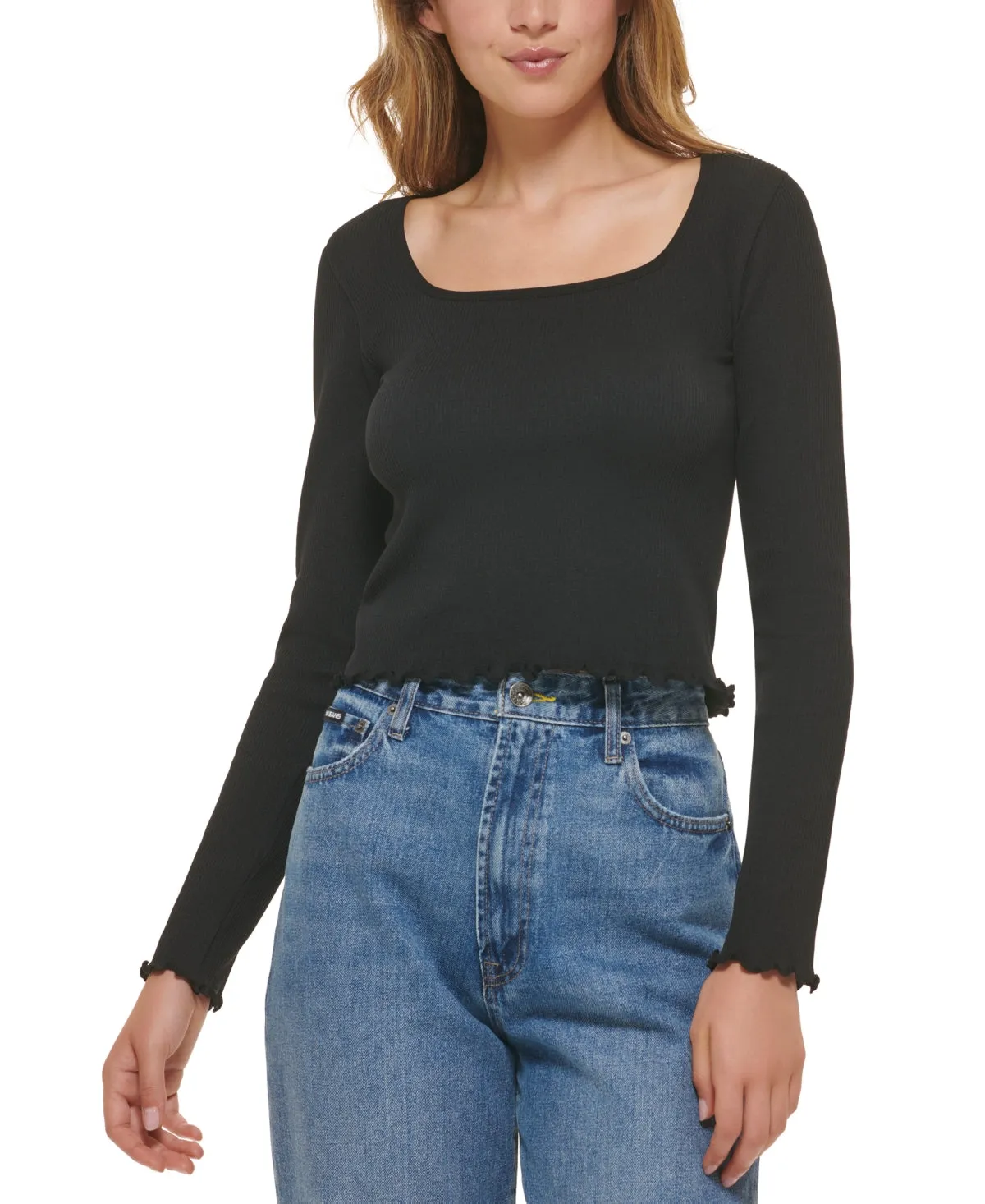 DKNY Women's Square Neck Lettuce Edge Top Black Size Large sold by Ruumur