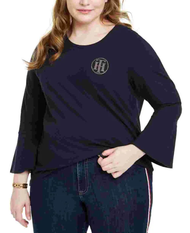 Tommy Hilfiger Women's Bell Sleeve Jewel Neck T Shirt Top Navy Size 0X sold by Ruumur