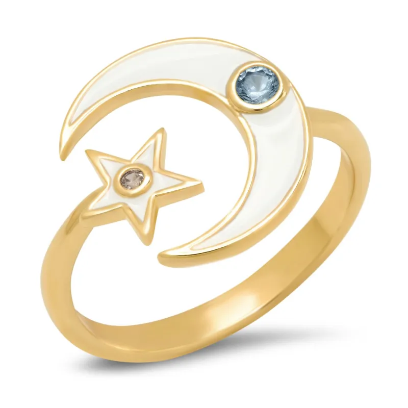 Enamel Star and Moon Open Ring sold by Ruumur