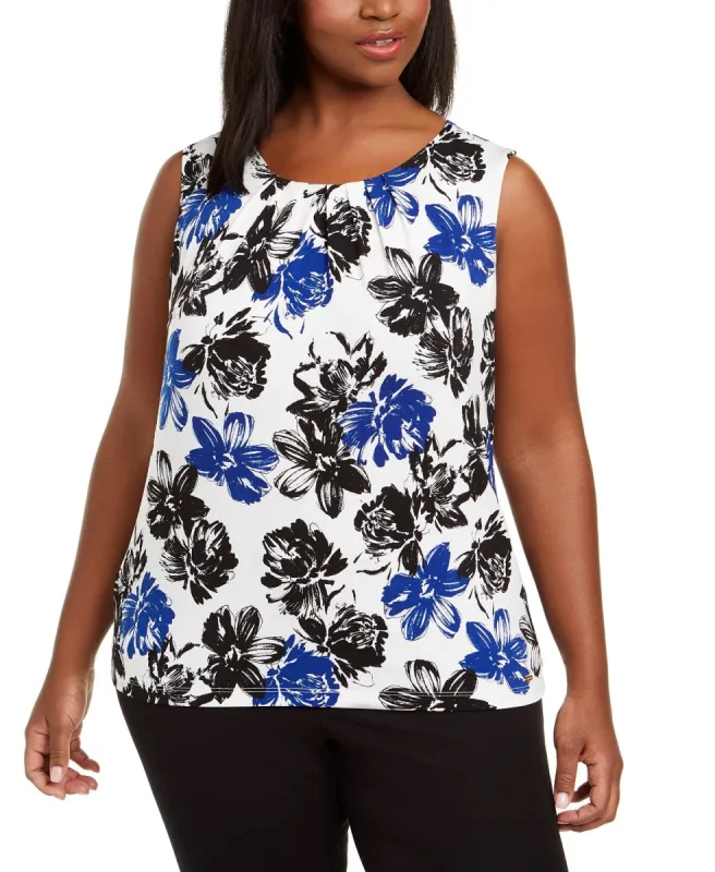 Calvin Klein Women's Floral Pleat Neck Top Blue Size 1X sold by Ruumur