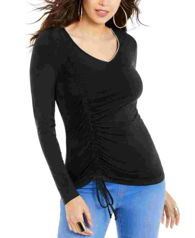 Thalia Sodi Women's Tie Ruffled Solid Long Sleeve V Neck Blouse Evening Top Black Size X-Small sold by Ruumur