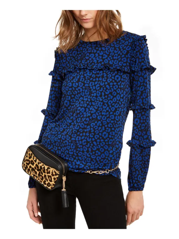 Michael Kors Women's Flat Cat Printed Ruffled Sleeve Top Blue Size Petite Large sold by Ruumur