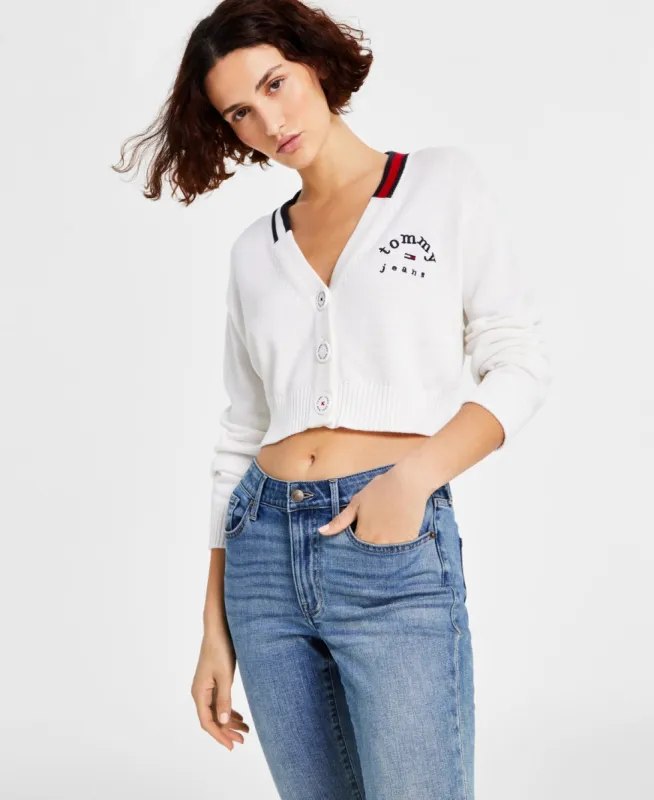 Tommy Jeans Women's V Neck Cropped Cardigan Sweater White Size Large sold by Ruumur