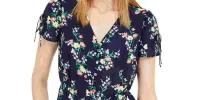Maison Jules Women's Tie Floral Short Sleeve V Neck Button Up Top Blue Size X-Small sold by Ruumur
