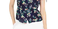 Maison Jules Women's Tie Floral Short Sleeve V Neck Button Up Top Blue Size X-Small sold by Ruumur