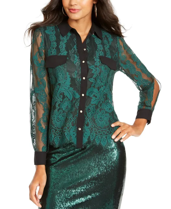 Thalia Sodi Women's Mixed-Media Button-Up Shirt Green Size Small sold by Ruumur