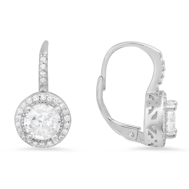 Sterling Silver Round-cut CZ Halo Leverback Earrings sold by Ruumur