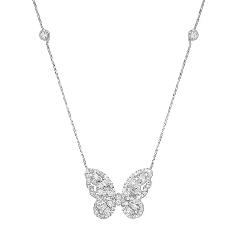 Sterling Silver Baguette Butterfly Station Necklace sold by Ruumur