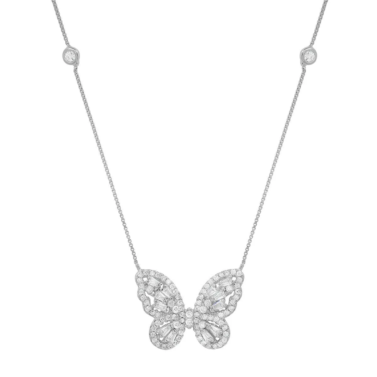 Sterling Silver Baguette Butterfly Station Necklace sold by Ruumur