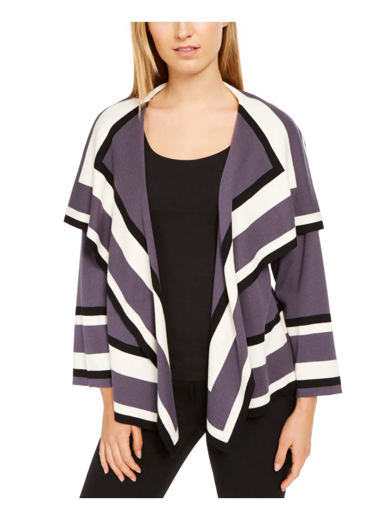 Anne Klein Women's Striped Long Sleeve Open Cardigan Sweater Black Size -XX-Small sold by Ruumur