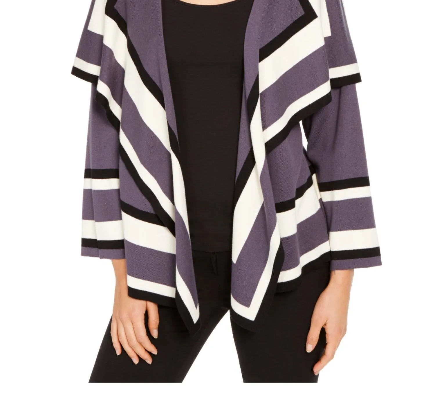 Anne Klein Women's Striped Long Sleeve Open Cardigan Sweater Black Size -XX-Small sold by Ruumur product image thumbnail 3