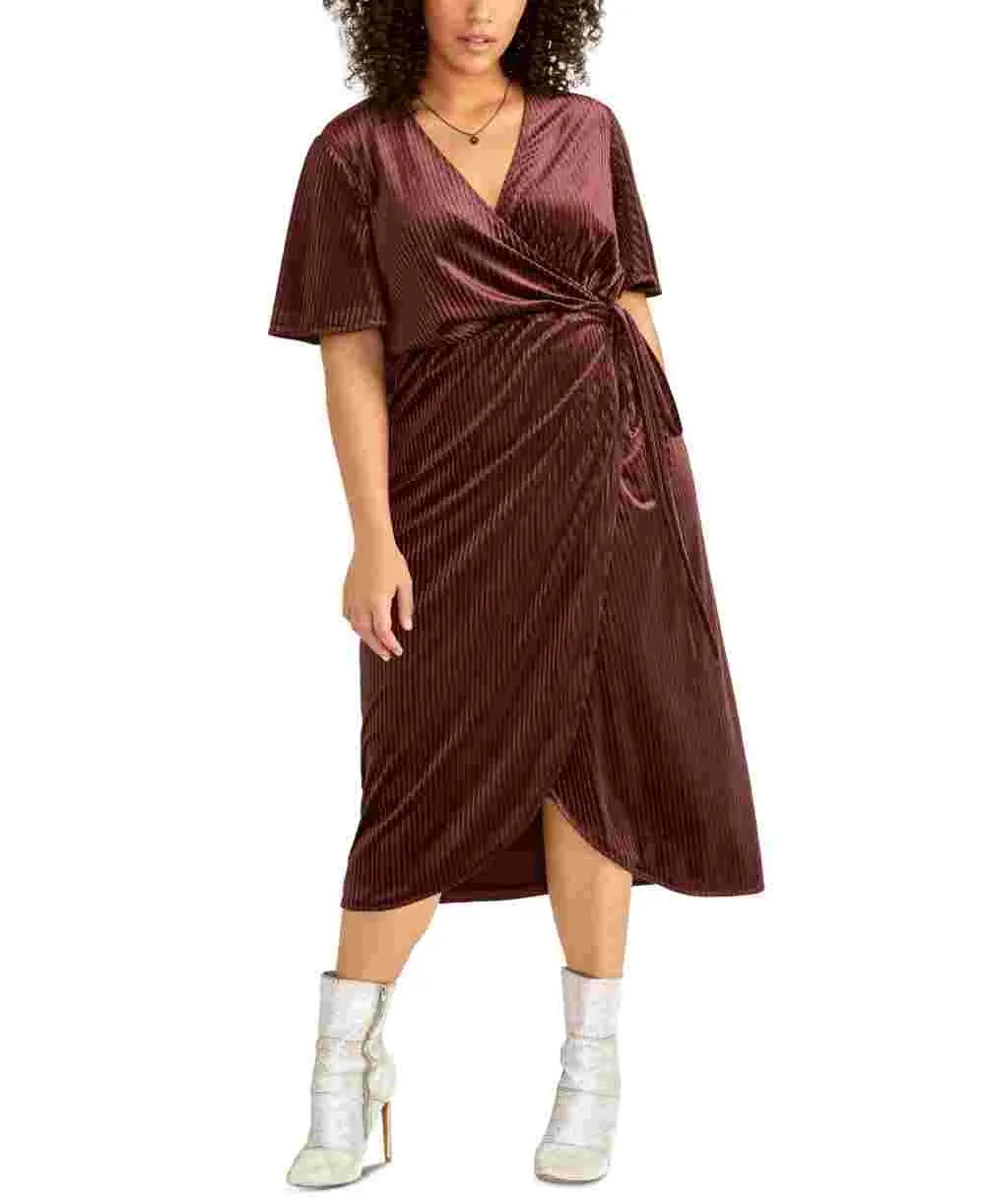 Rachel Roy Women's Velvet Short Sleeve V Neck Midi Wrap Dress Wear To Work Dress Burgundy Size 0X sold by Ruumur