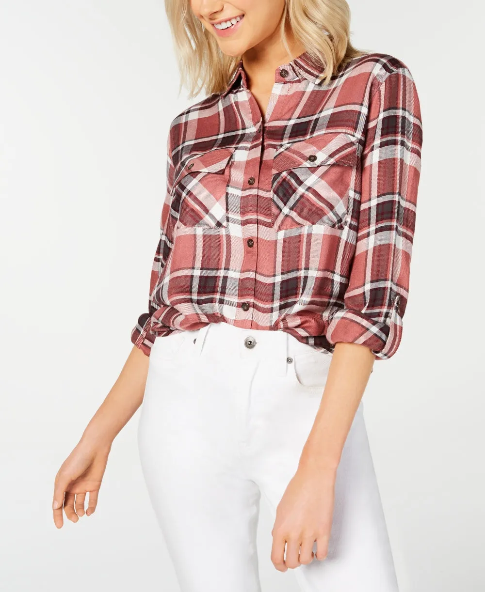 Polly & Esther Women's Plaid Utility Shirt Pink /Black /White Size Medium sold by Ruumur