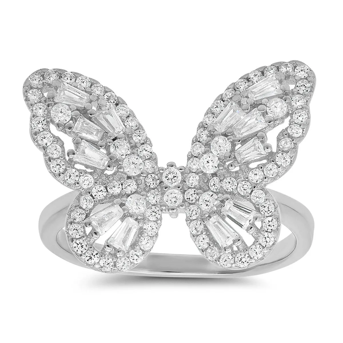 Sterling Silver CZ Baguette Butterfly Ring sold by Ruumur