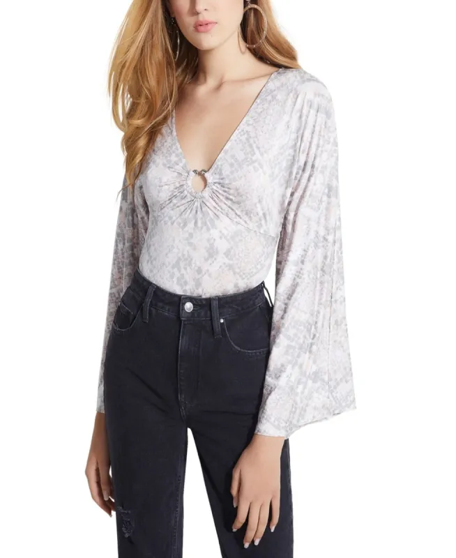 Guess Women's Jazzi Printed Kimono Sleeves Bodysuit Grey Size X-Large sold by Ruumur