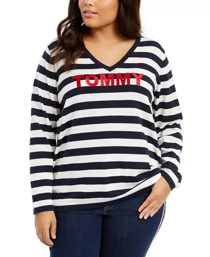 Tommy Hilfiger Women's Plus Size Ivy Striped Logo Sweater Blue Size 1X sold by Ruumur