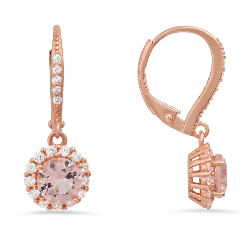 14k Rose Gold Over Silver Morganite CZ Halo Leverback Earrings sold by Ruumur