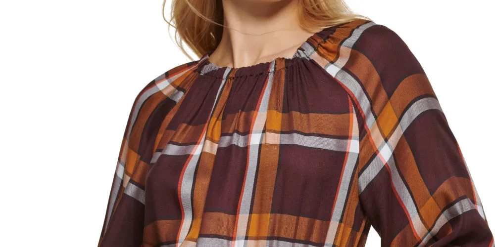 DKNY Women's Plaid-Print Long-Sleeve Peasant Top Brown Size Small sold by Ruumur product image thumbnail 2