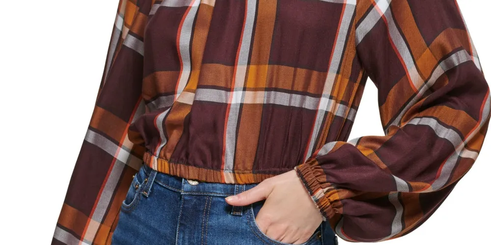 DKNY Women's Plaid-Print Long-Sleeve Peasant Top Brown Size Small sold by Ruumur product image thumbnail 3