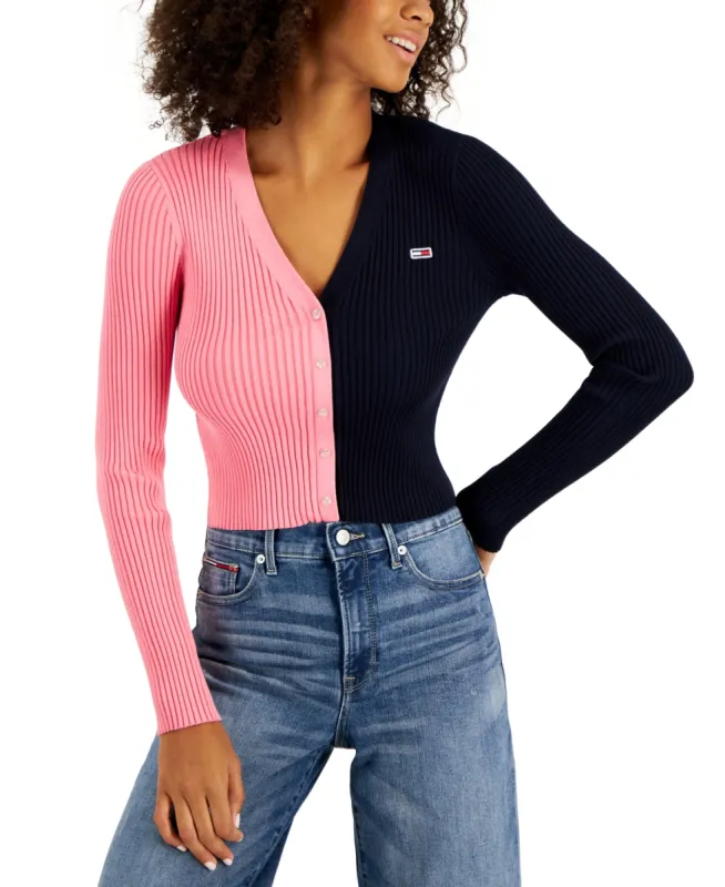 Tommy Jeans Women's V Neck Pullover Colorblock Sweater Pink Size Large sold by Ruumur