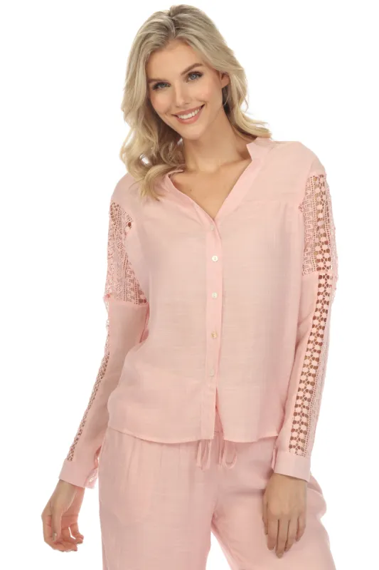 Women's Casual Resort Wear V-Neck Button Down Crochet Trim Long Sleeve Blouse sold by Ruumur