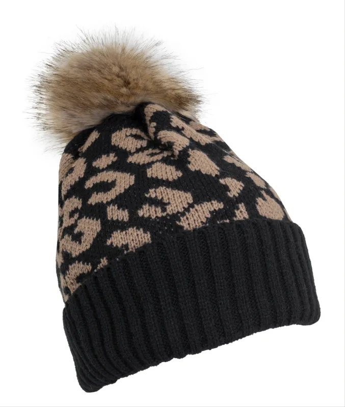 Rebecca and Rifka Leopard Print Pom Pom Beanie(BW-116-BKLEO) sold by Ruumur