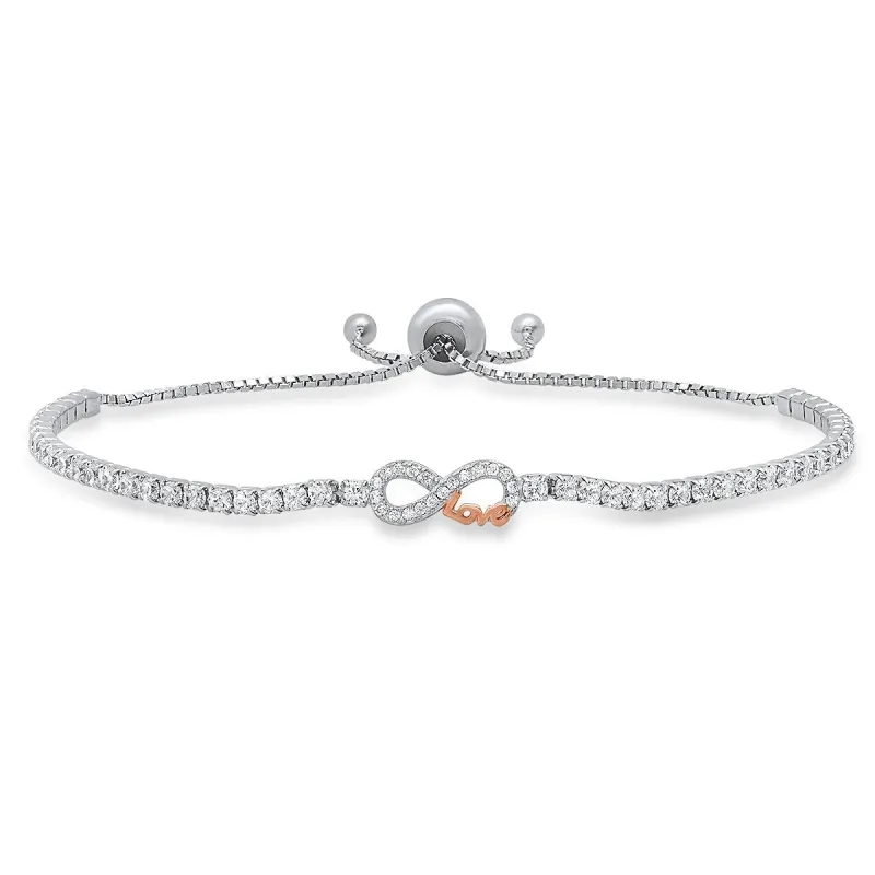 Sterling Silver Petite Two-Tone "Love" Infinity CZ Adjustable Bracelet sold by Ruumur