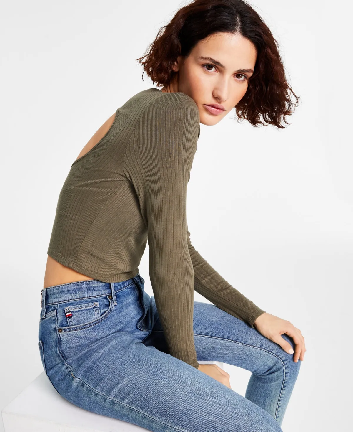 Tommy Jeans Women's Back Cutout Ribbed Long Sleeve Top Green Size X-Large sold by Ruumur