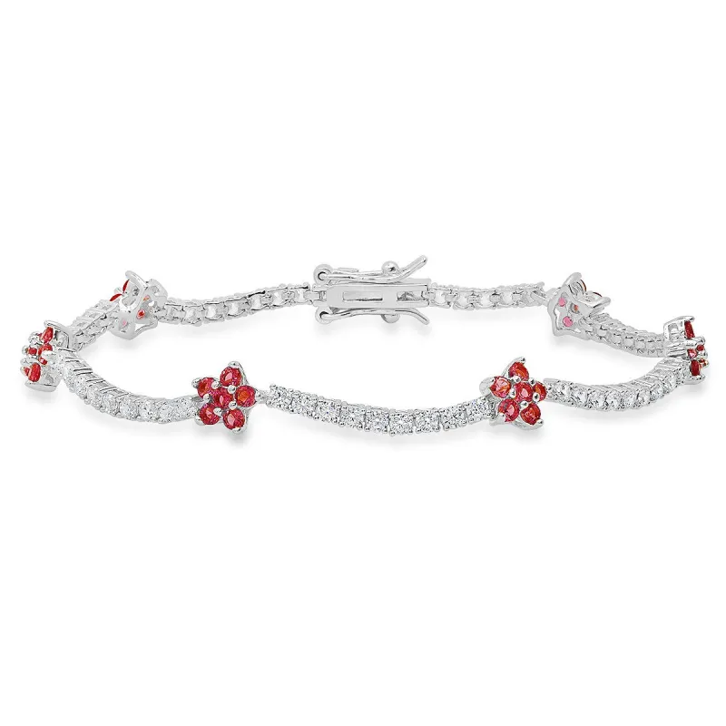 Sterling Silver 7.25" CZ Pink Sapphire Floral Station Tennis Bracelet sold by Ruumur