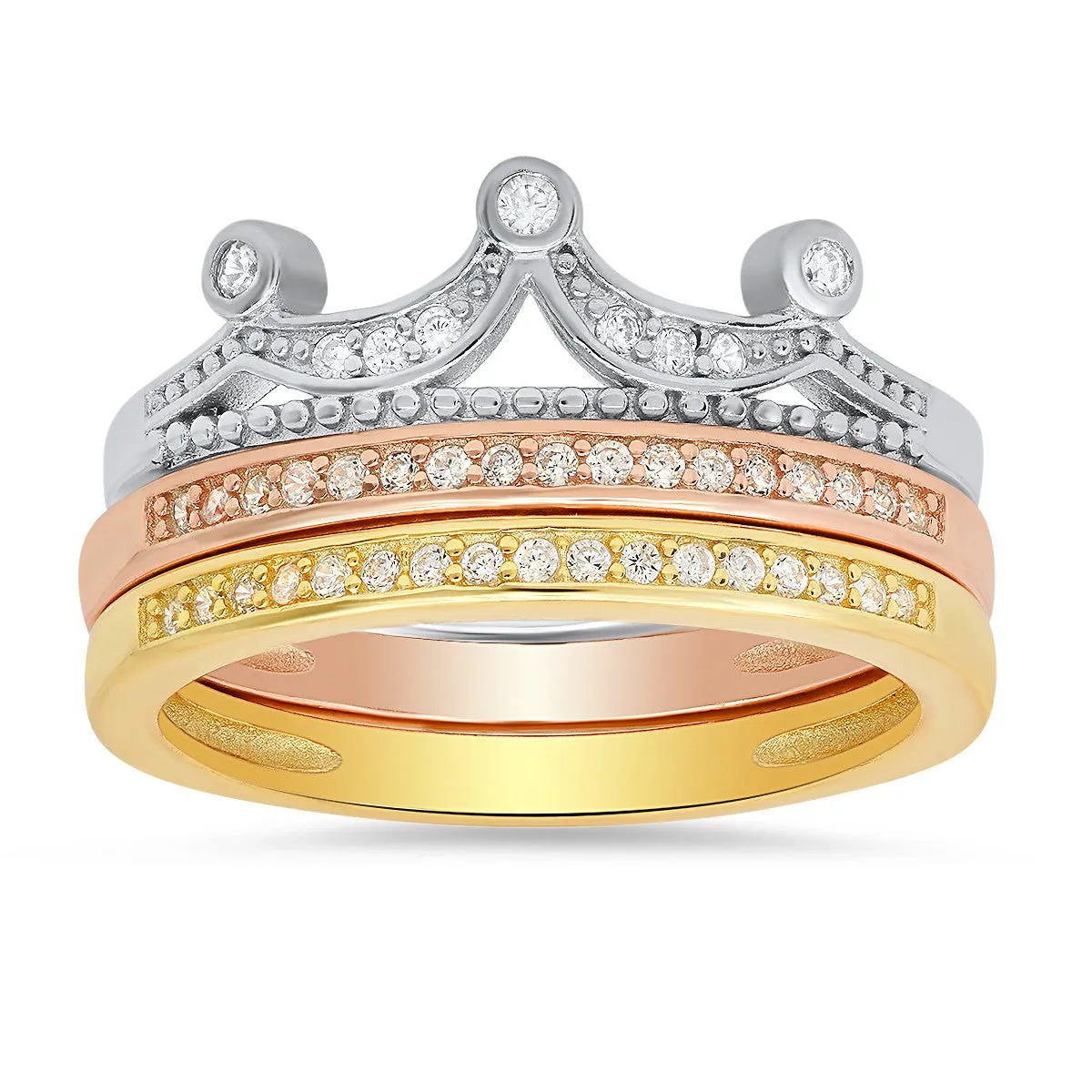 Sterling Silver Tri-Color Crown CZ Stackable Ring Set sold by Ruumur