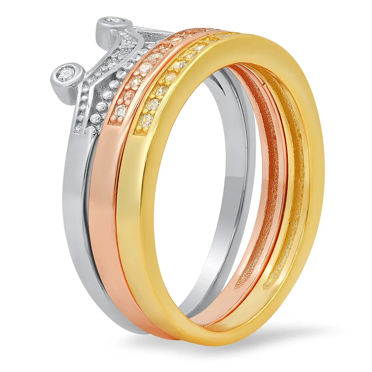 Sterling Silver Tri-Color Crown CZ Stackable Ring Set sold by Ruumur product image thumbnail 2