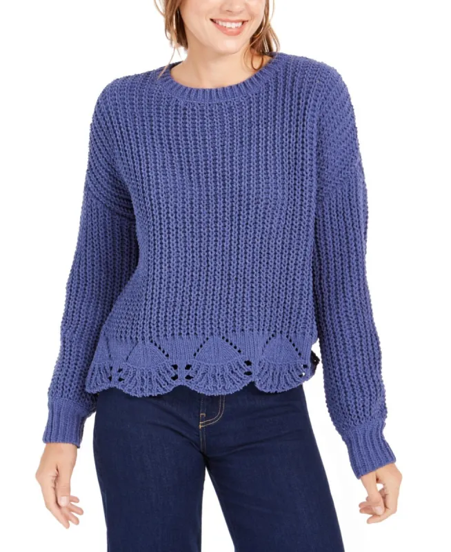 Wynter Women's Pointelle Hem Chenille Sweater Blue Size Small sold by Ruumur