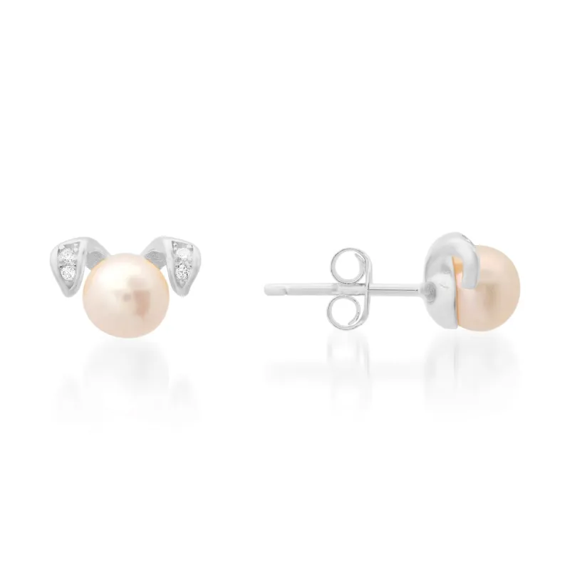 Sterling Silver Puppy Dog Genuine Pearl & CZ Stud Earrings sold by Ruumur