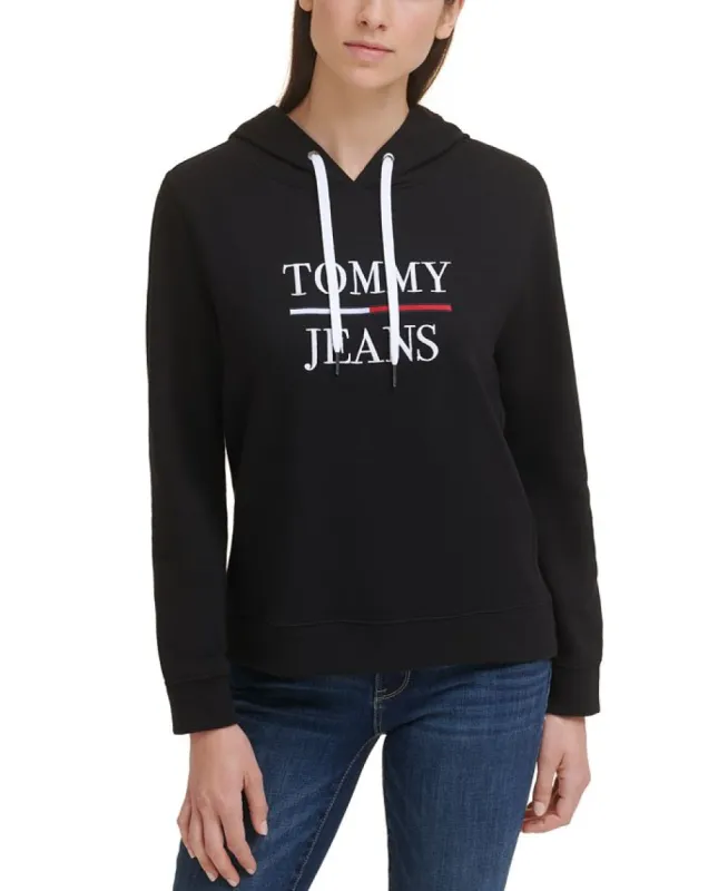 Tommy Jeans Women's Stretch Embroidered Ribbed Drawstring Logo Graphic Long Sleeve Hoodie Top Black Size X-Small made by Ruumur