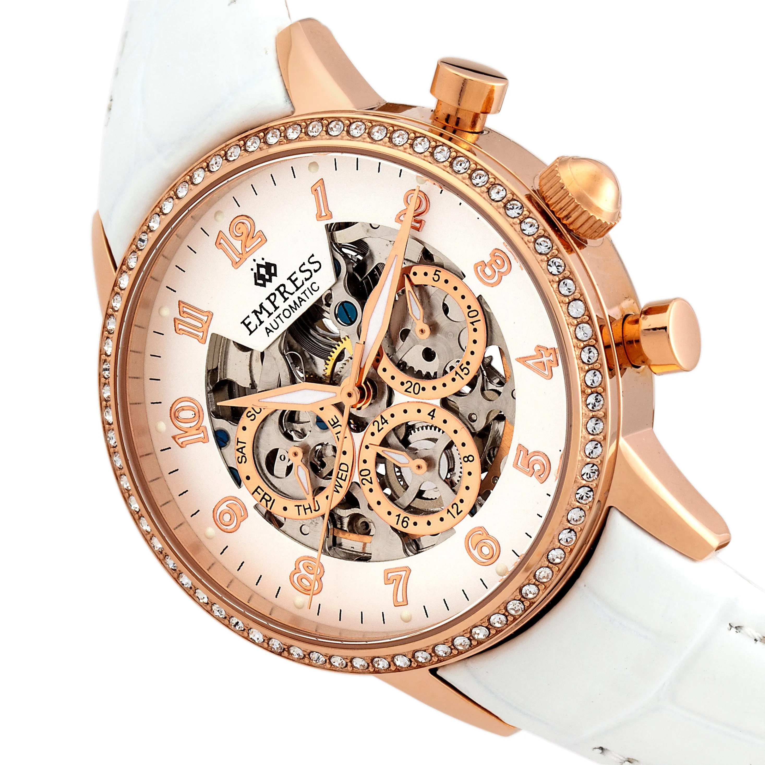 Empress Beatrice Automatic Skeleton Dial Leather-Band Watch w/Day/Date - Rose Gold/White sold by Ruumur product image thumbnail 3