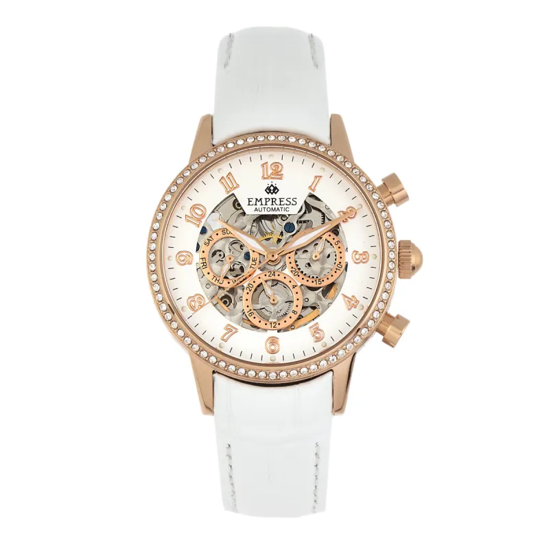 Empress Beatrice Automatic Skeleton Dial Leather-Band Watch w/Day/Date - Rose Gold/White sold by Ruumur