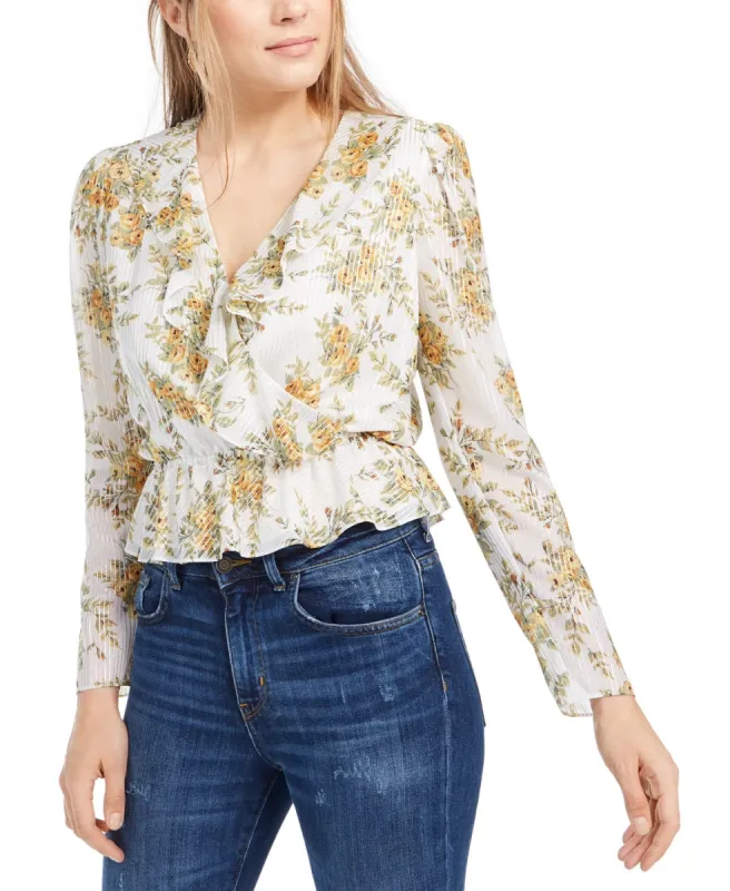 Leyden Women's Ruffle-Neck Floral-Print Peplum Top Yellow Size Large sold by Ruumur
