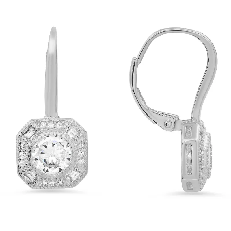 Sterling Silver Vintage Halo CZ Leverback Earrings sold by Ruumur