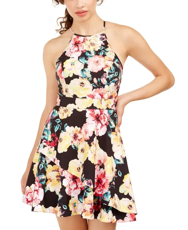 Speechless Women's Floral Sleeveless Halter Short Fit  Flare Dress Yellow  Size 13 sold by Ruumur