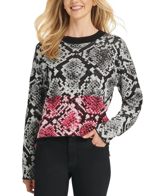 DKNY Women's Colorblock Python-Print Sweater Gray Size Medium sold by Ruumur