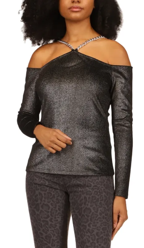 Michael Kors Women's Metallic Velvet Chain Cold Shoulder Top Gray sold by Ruumur