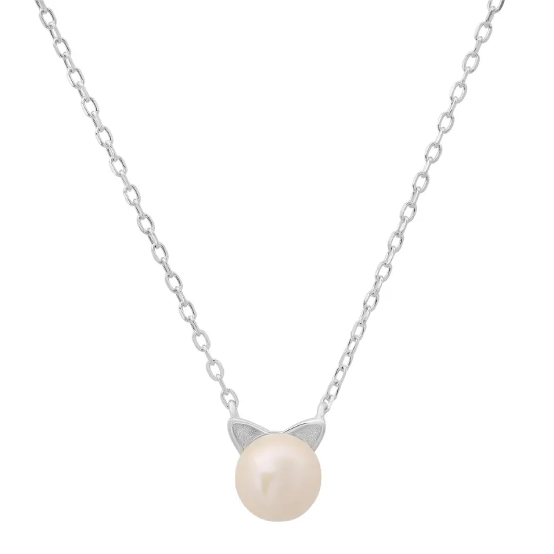 Sterling Silver Kitty Cat Genuine Pearl Necklace sold by Ruumur