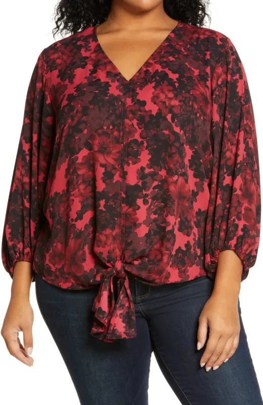 Vince Camuto Women's Floral Tie Front Top Red Size 1X sold by Ruumur