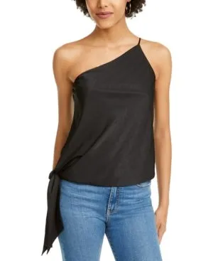 Leyden Women's Tie At Side Spaghetti Strap Asymmetrical Neckline Blouse Party Top Black Size Small sold by Ruumur