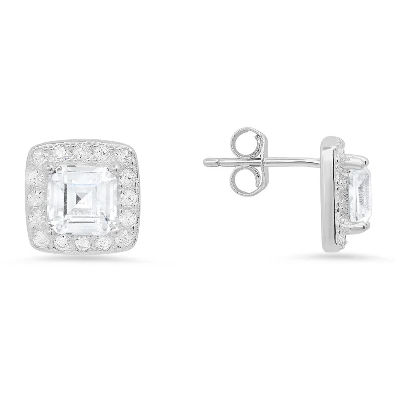 Sterling Silver Asscher-cut Halo CZ Stud Earrings sold by Ruumur