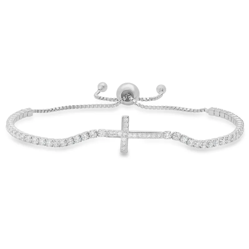 Sterling Silver Petite CZ Cross Adjustable Bracelet sold by Ruumur
