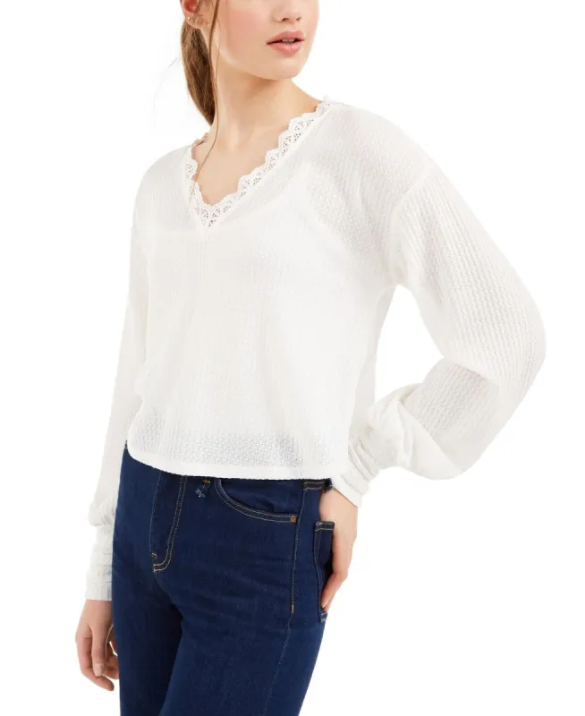 Love Fire Women's By Topson Juniors' Lace Trim Thermal Top White Size Medium sold by Ruumur